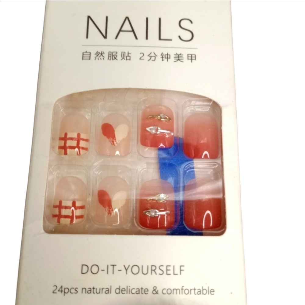 Nails Red and Cream Square Rhinestone Pearl Accents NWT